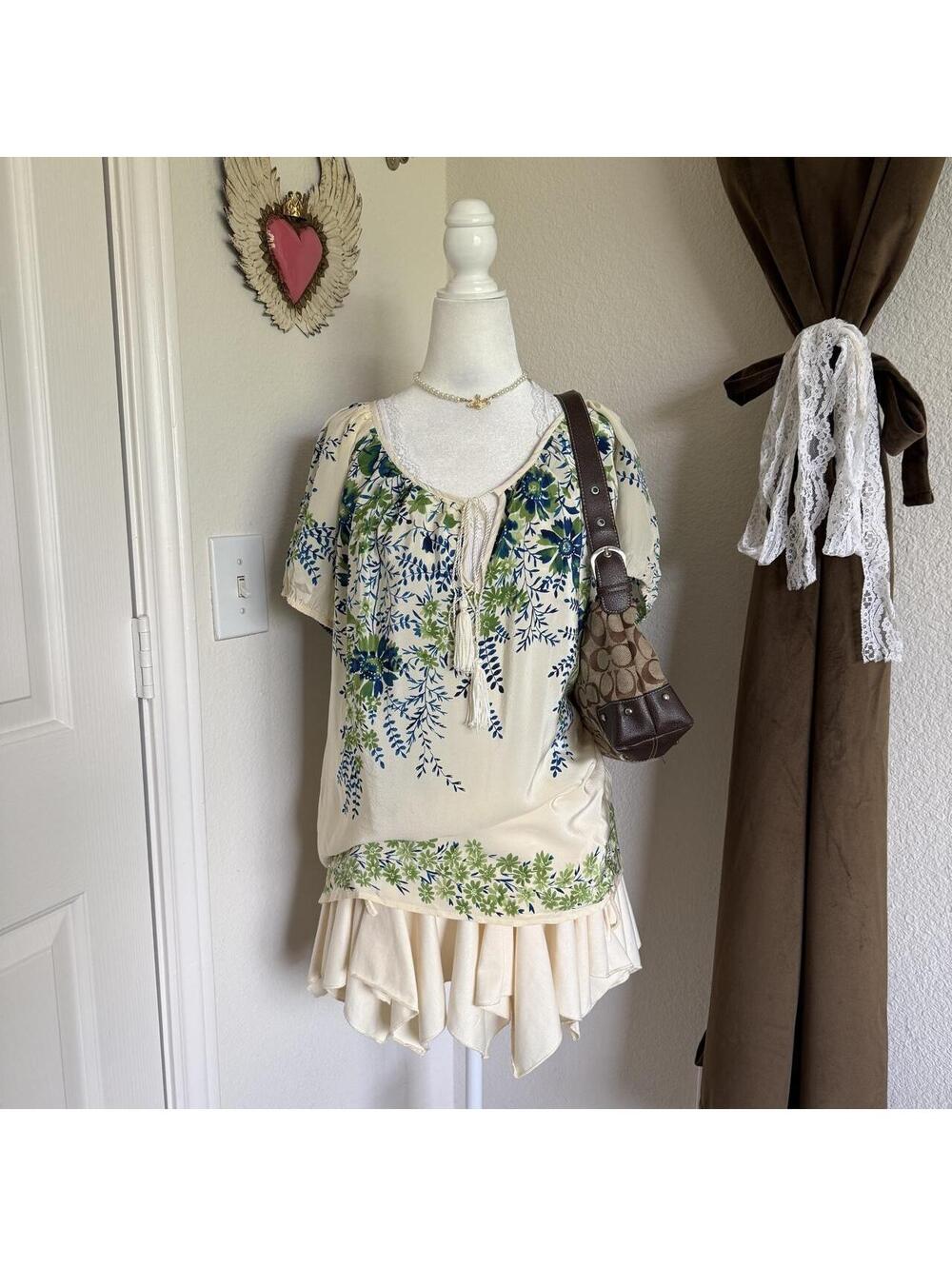 Karen Kane Silk Floral Bohemian Blouse With Beaded Tie Detail Sheer
